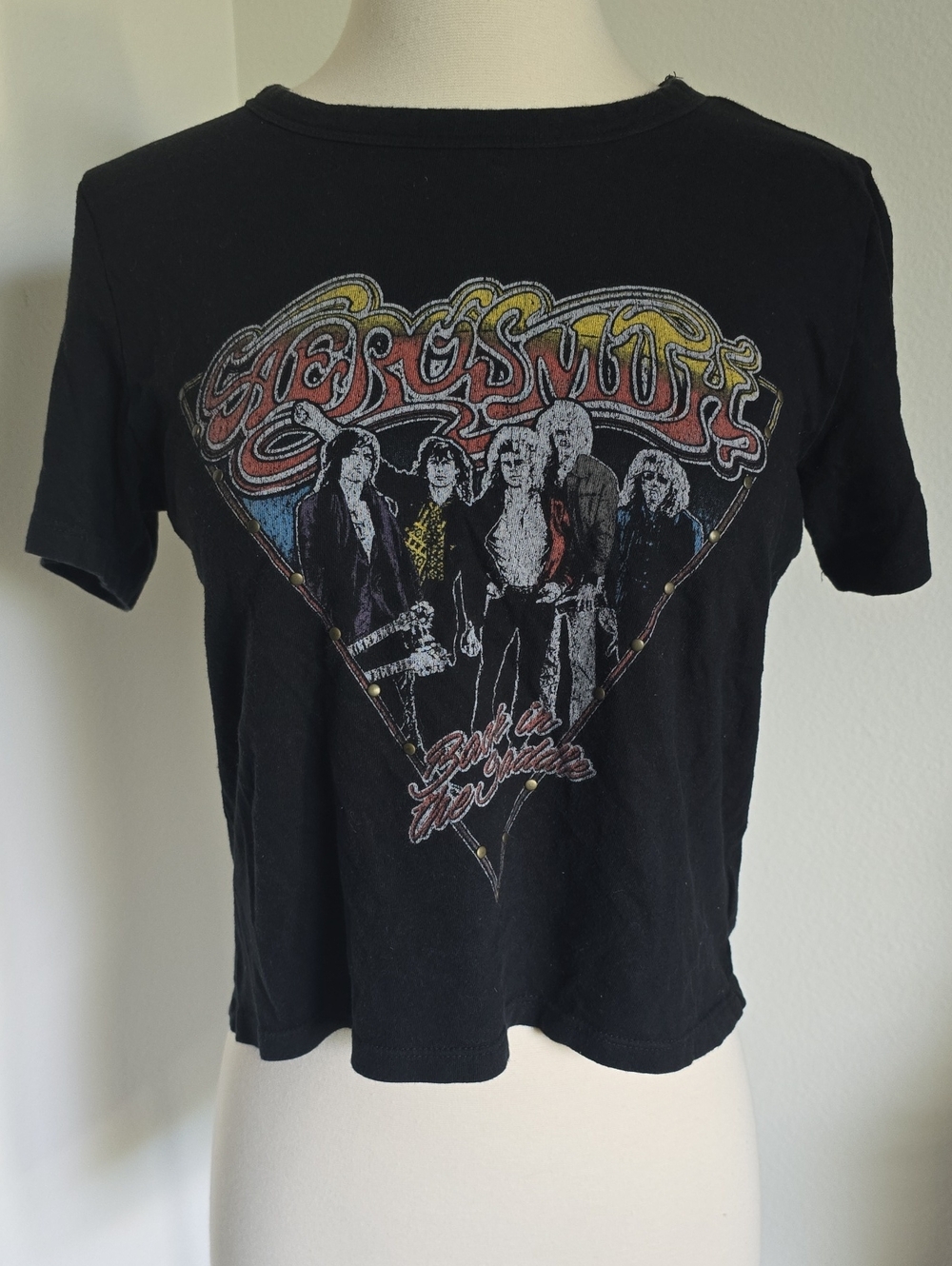Black Graphic Aerosmith Band Tee - Classic Rock Crop Shirt